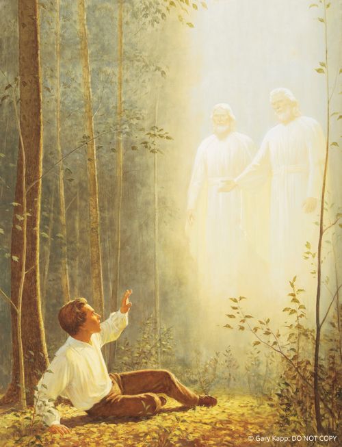 A depiction by Gary L. Kapp of Joseph Smith sitting on the ground in the Sacred Grove, looking up to see Jesus Christ and Heavenly Father instructing him.
