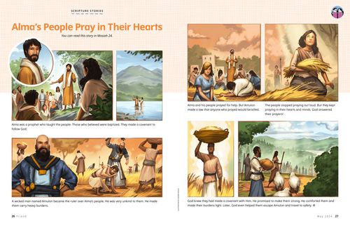 Page PDF with panel illustations of the people of Alma being baptized, carrying burdens, and praying