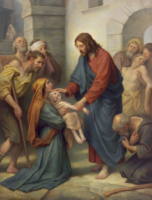 A painting of Jesus healing a child held by a mother, with other people waiting nearby.