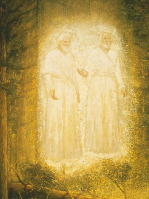 Joseph Smith in the Sacred Grove looking up at the personages of God the Father and Jesus Christ, who have appeared to him.
