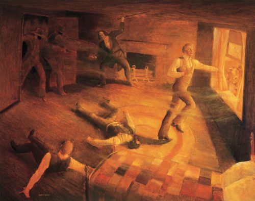 A painting by Gary E. Smith of Joseph Smith running to a window in the Carthage Jail as a mob shoots at him and others in the room.