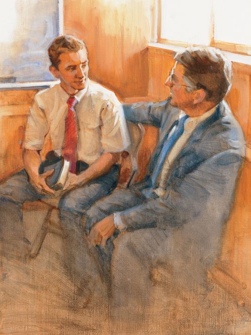 Painting depicts a young man in Sunday attire with scriptures conversing with a priesthood leader.