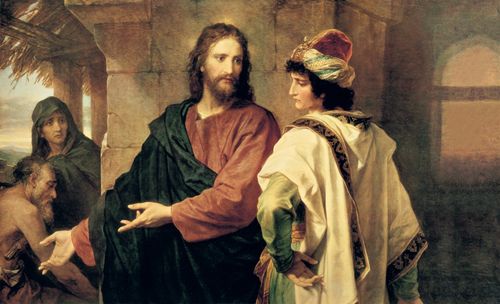 A man in fine clothing standing in a disinterested stance while Christ indicates those who are in need.