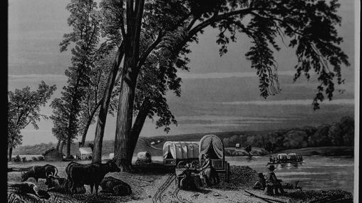 19th century engraving depicting cottonwood trees overlooking a ferry at Council Bluffs, Iowa. The image depicts the area as it would have appeared during the 1850s.