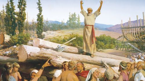 people pointing and laughing at Noah as he tries to preach to them