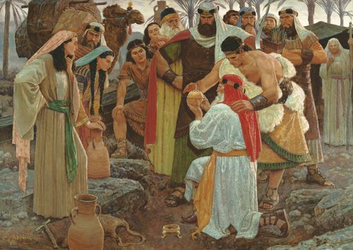 The Book of Mormon prophet Lehi portrayed kneeling on the ground. Lehi is holding the Liahona in his hands. Nephi is standing behind Lehi and is also looking at the Liahona. Other members of the family of Lehi are gathered around Lehi and Nephi.