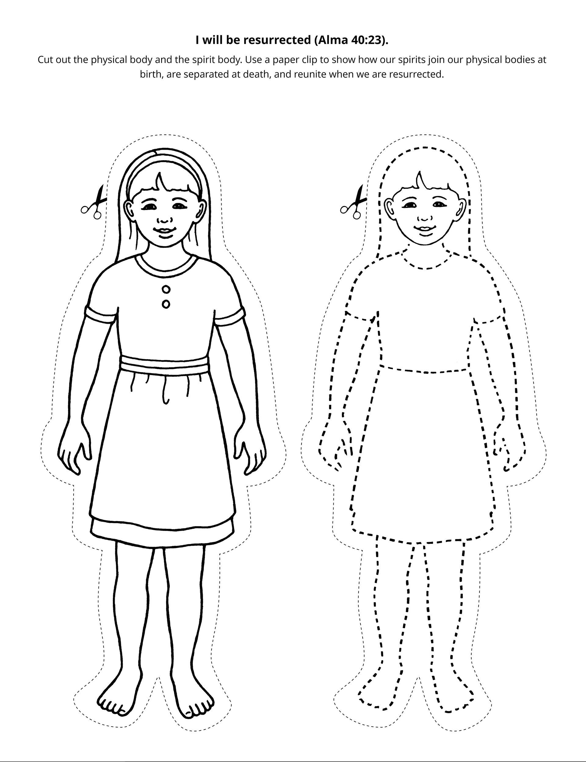 A line-art drawing of a girl with a physical body and a spirit.
