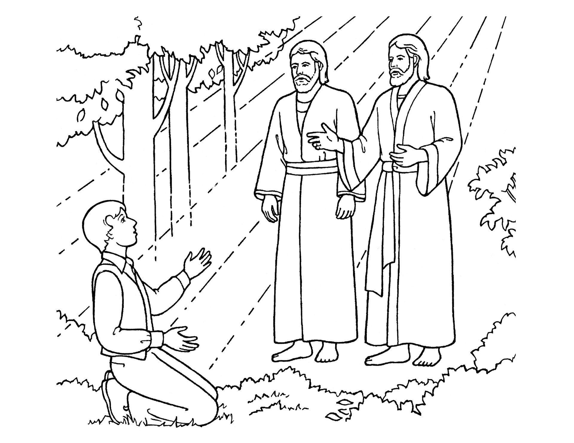An illustration of Joseph Smith seeing Heavenly Father and Jesus Christ, from the nursery manual Behold Your Little Ones (2008), page 91.