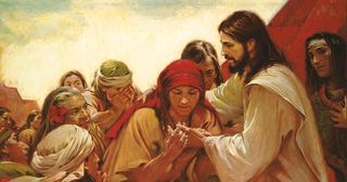 Исус Христос показва раните на ръцете Си на нефитска жена