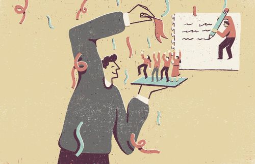 man at a party holding a tray with people dancing on it