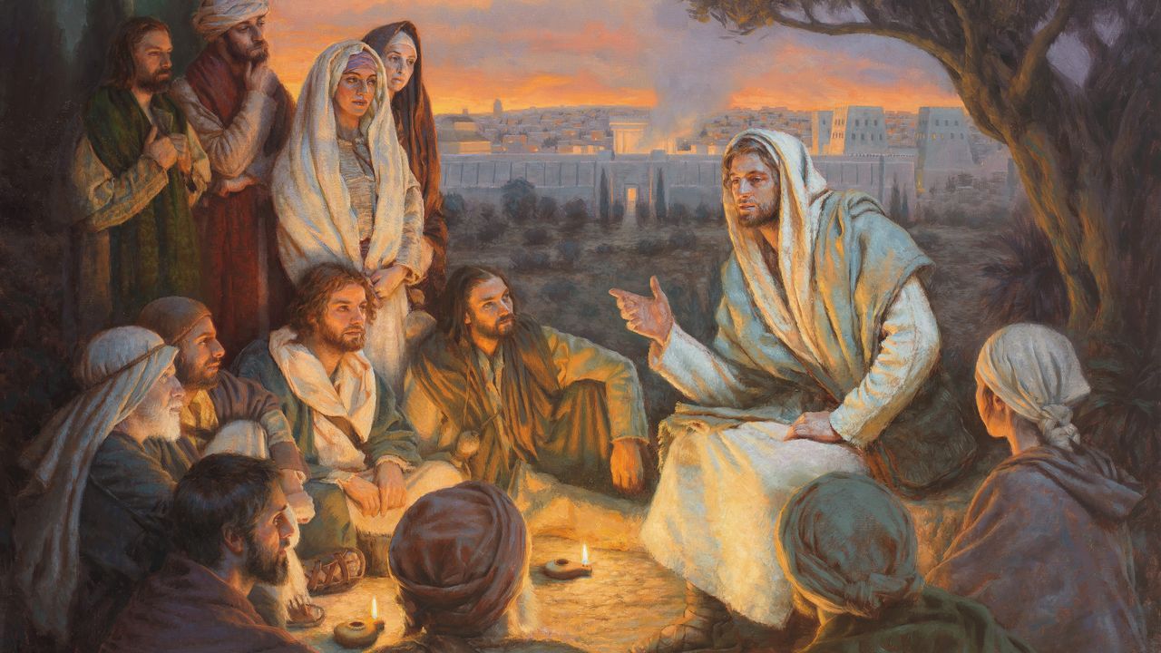 Jesus Cristo ensinando a Seus discípulos em um monte com vista para as portas da cidade de Jerusalém