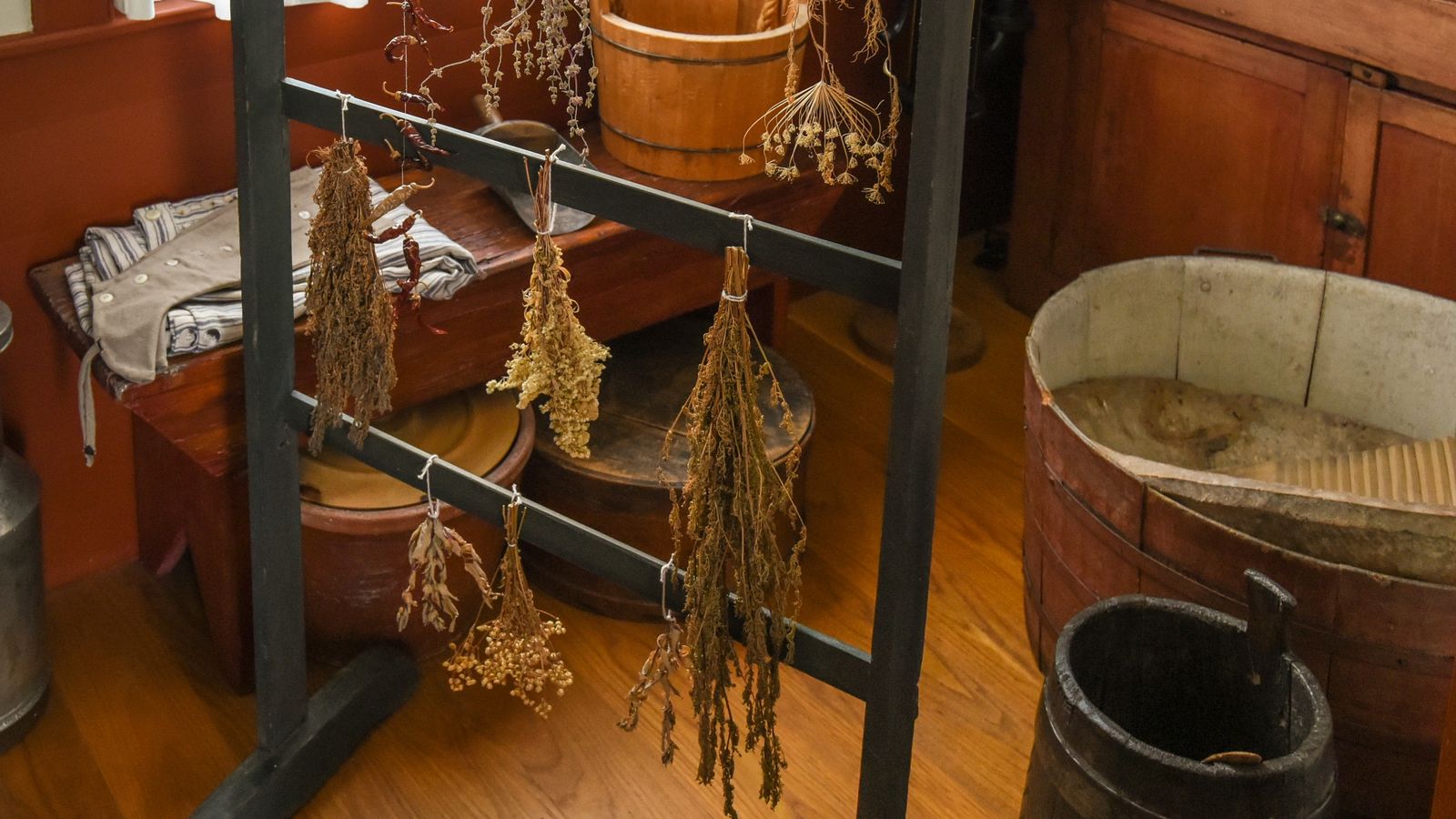 Herbs drying on a rack in the Historic John Johnson home in Hyrum, Ohio.