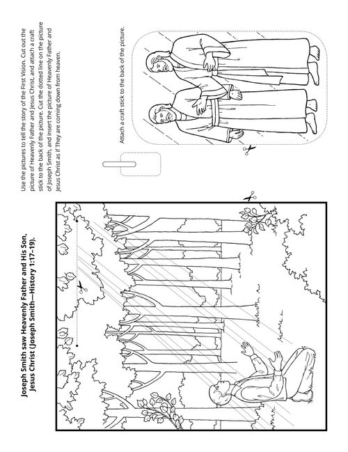 Illustration of Joseph Smith in Sacred Grove, with a second popsicle stick drawing.