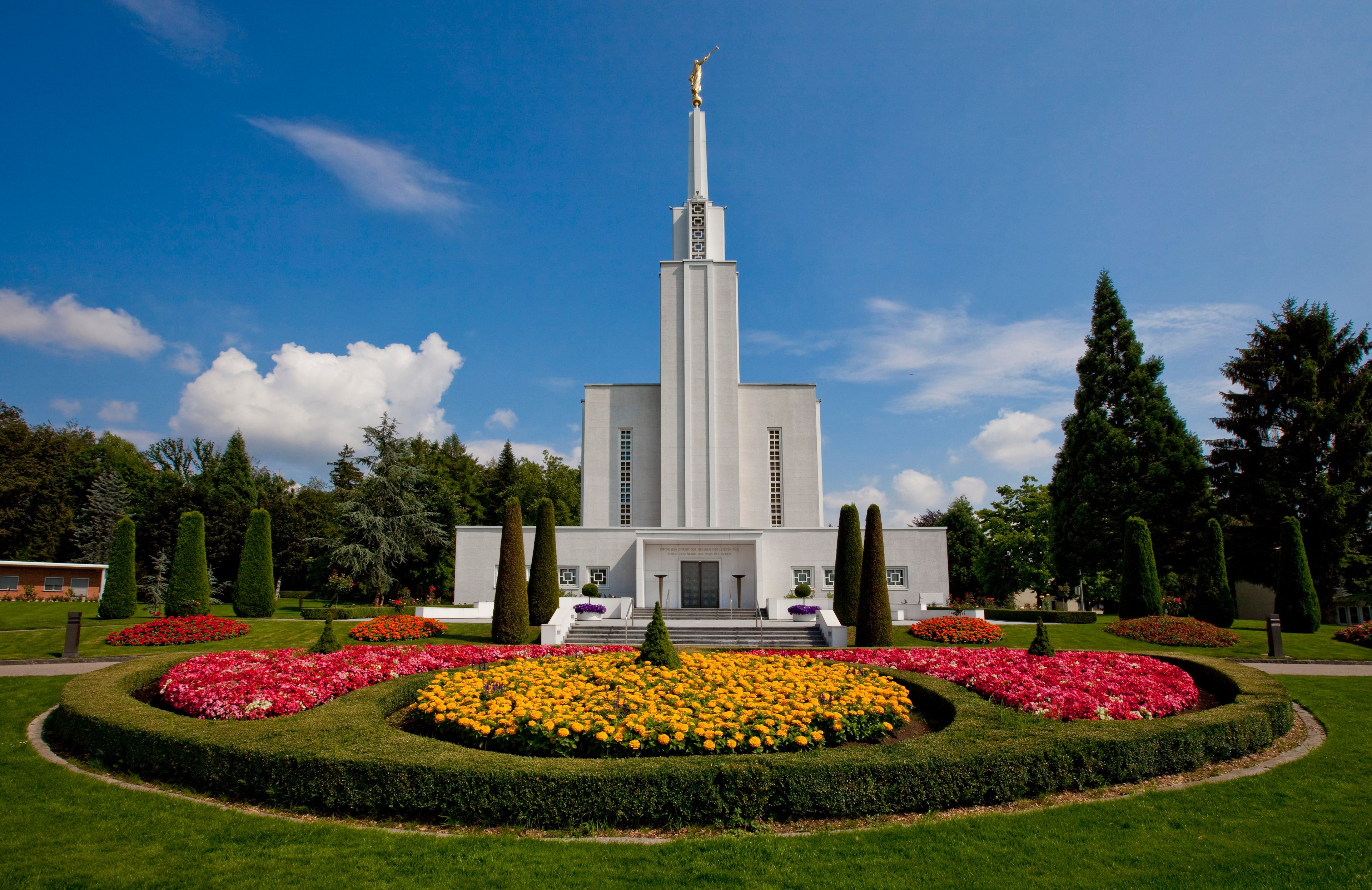 A view of the Bern Switzerland Temple and grounds during the day.