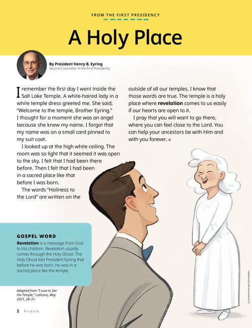 Story PDF of a young President Eyring smiling at an older woman with white hair wearing a white dress