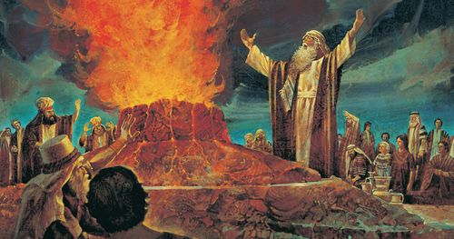 Elias em pé ao lado do altar em chamas