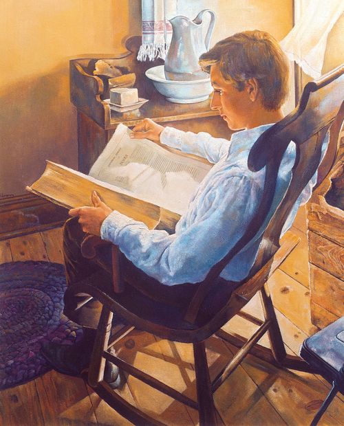 An image of Joseph Smith as a youth at home, sitting in a wooden rocking chair while reading from a large Bible on his lap.