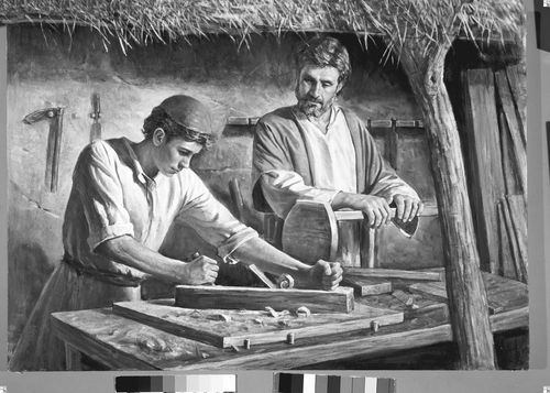 Joseph and Jesus doing carpentry