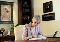 Sister Jean B. Bingham, General  President of the Relief Society, reads scriptures in her office in the Relief Society Building in Salt Lake City, Utah, on February 19, 2020.