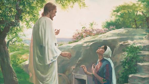 The resurrected Jesus Christ appearing to Mary Magdalene at the empty tomb. Mary is kneeling before Christ and looking up at Him. Christ is dressed in white robes. Spring flowers and trees border the tomb. (Mark 16:9,  John 20:11-18)