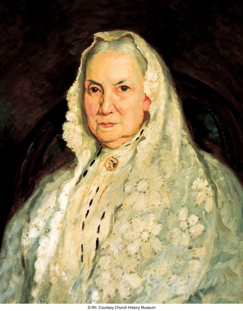 A painted portrait by Lee Greene Richards of Bathsheba W. Smith against a black background, wearing a white dress with a white shawl over her head.