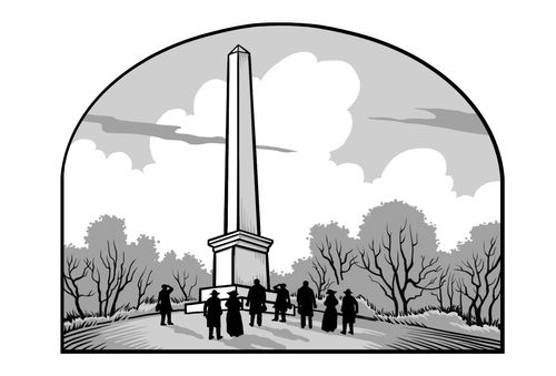 Un grupo de personas de pie junto a un obelisco