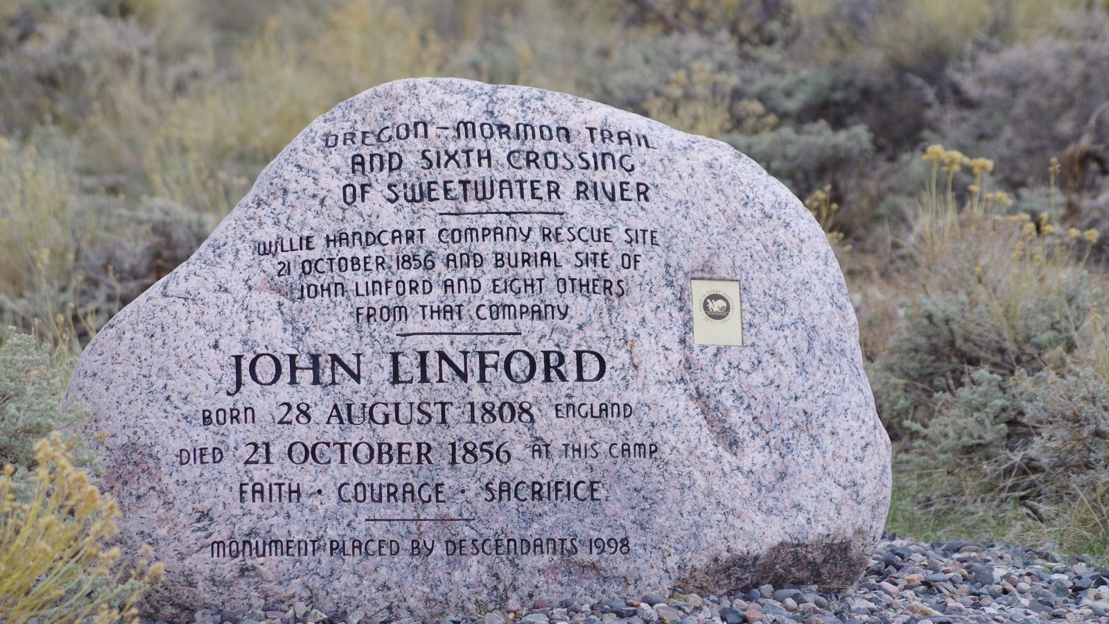Memorial stone for John Linford at the Wyoming Mormon Historic Handcart Site.