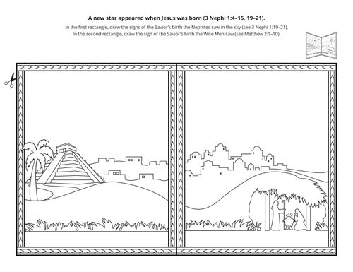 A line-art illustration of what the Nephites and the Wise Men saw when Christ was born.