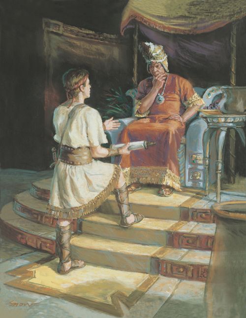 A painting by Scott M. Snow depicting Ammon standing on a yellow rug, holding a roll of parchment while talking to King Lamoni, who is sitting on his throne.