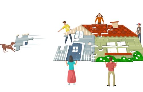 illustration of people putting together a home that’s like a puzzle