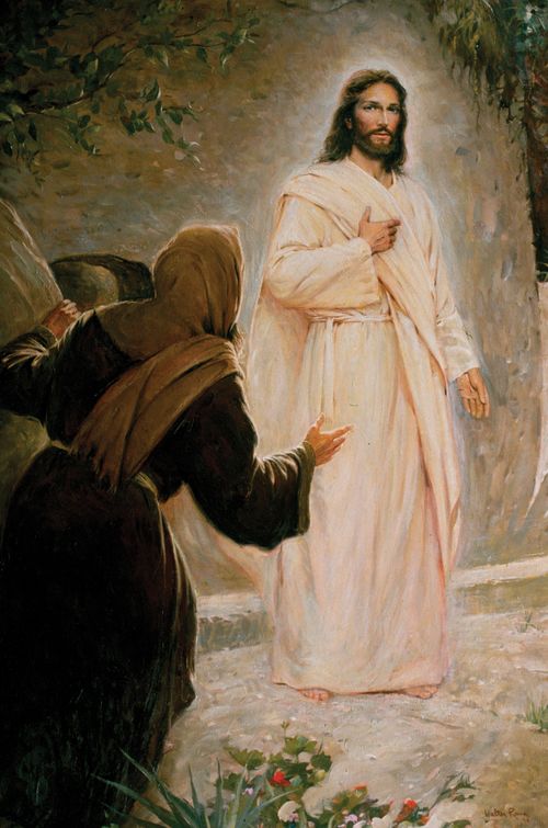 Mary Magdalene with a yellow scarf over her head, encountering the resurrected Christ just outside the entrance to the tomb.