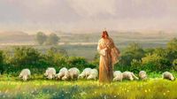 Jesucristo, el Buen Pastor conduce un rebaño por un campo