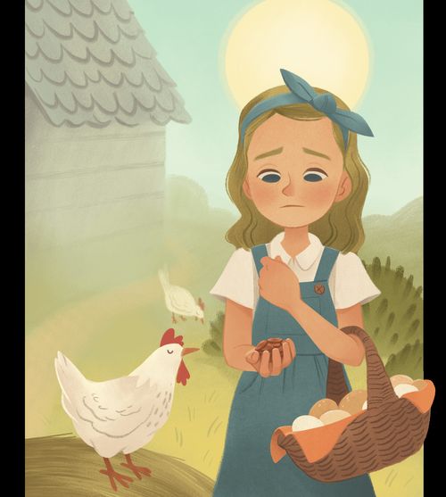 Girl holding basket of eggs and looking sadly down at a handful of pennies in her hand