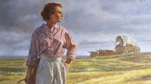 painting of pioneer woman looking across field
