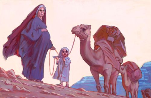 Saria no deserto com uma criança e camelos
