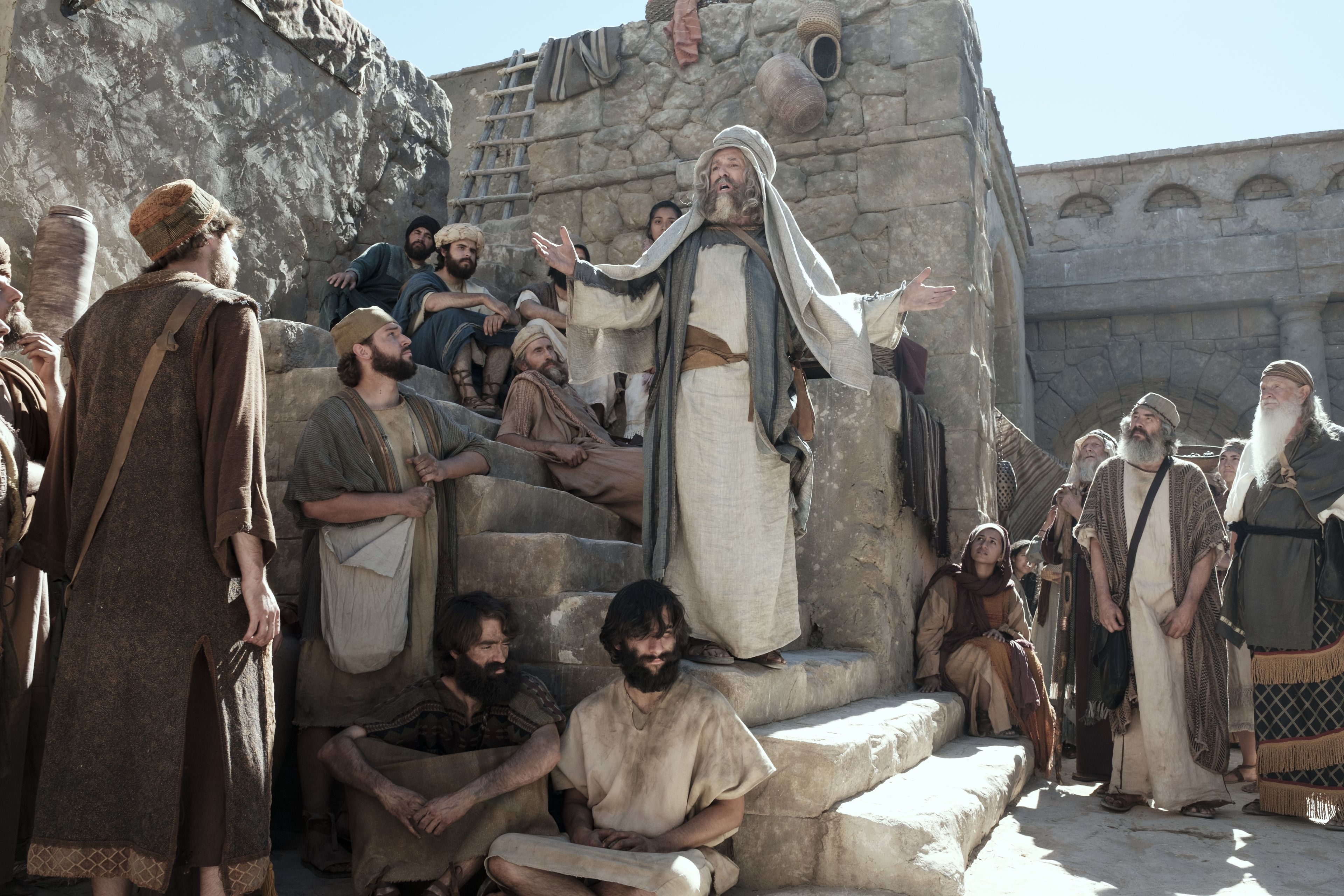 Lehi preaches to a crowd in Jerusalem.