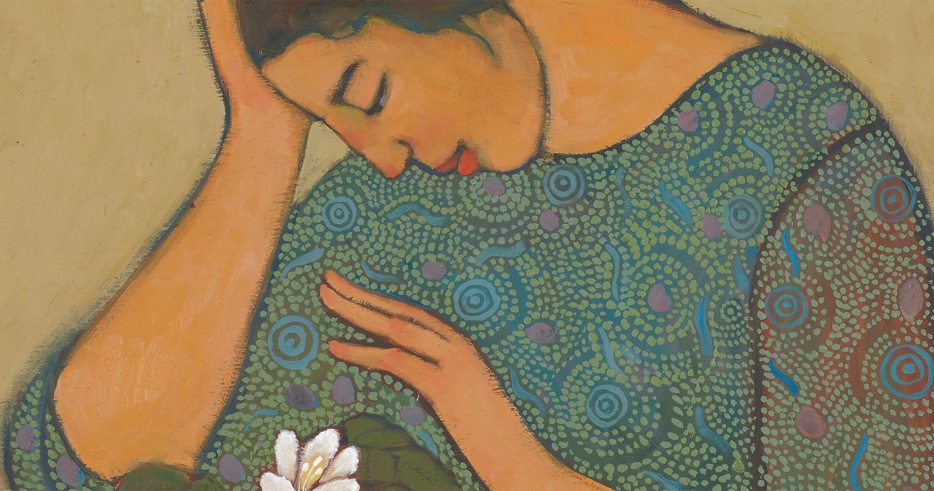 Depiction of a woman and a flowering plant.
