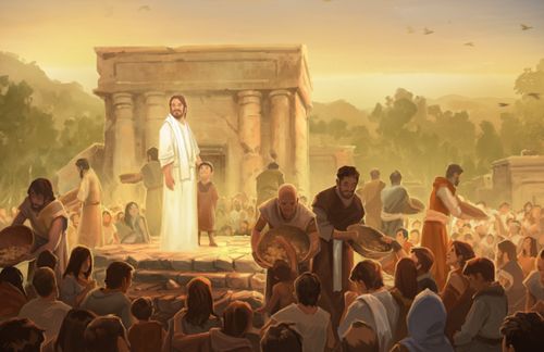 A painting by Andrew Bosley of Christ in a white robe, instituting the sacrament during His appearance in the Americas. A child looks at him adoringly.