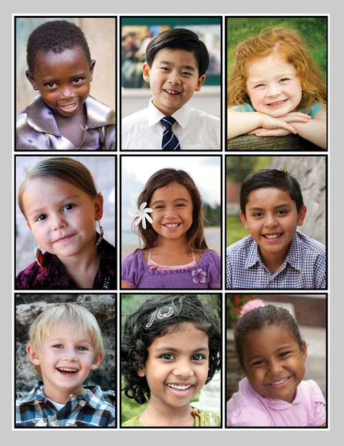 Nine portraits of smiling Primary-age boys and girls of different ethnicities.