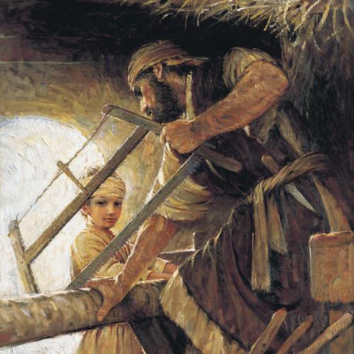 young Jesus watching Joseph cut a piece of wood