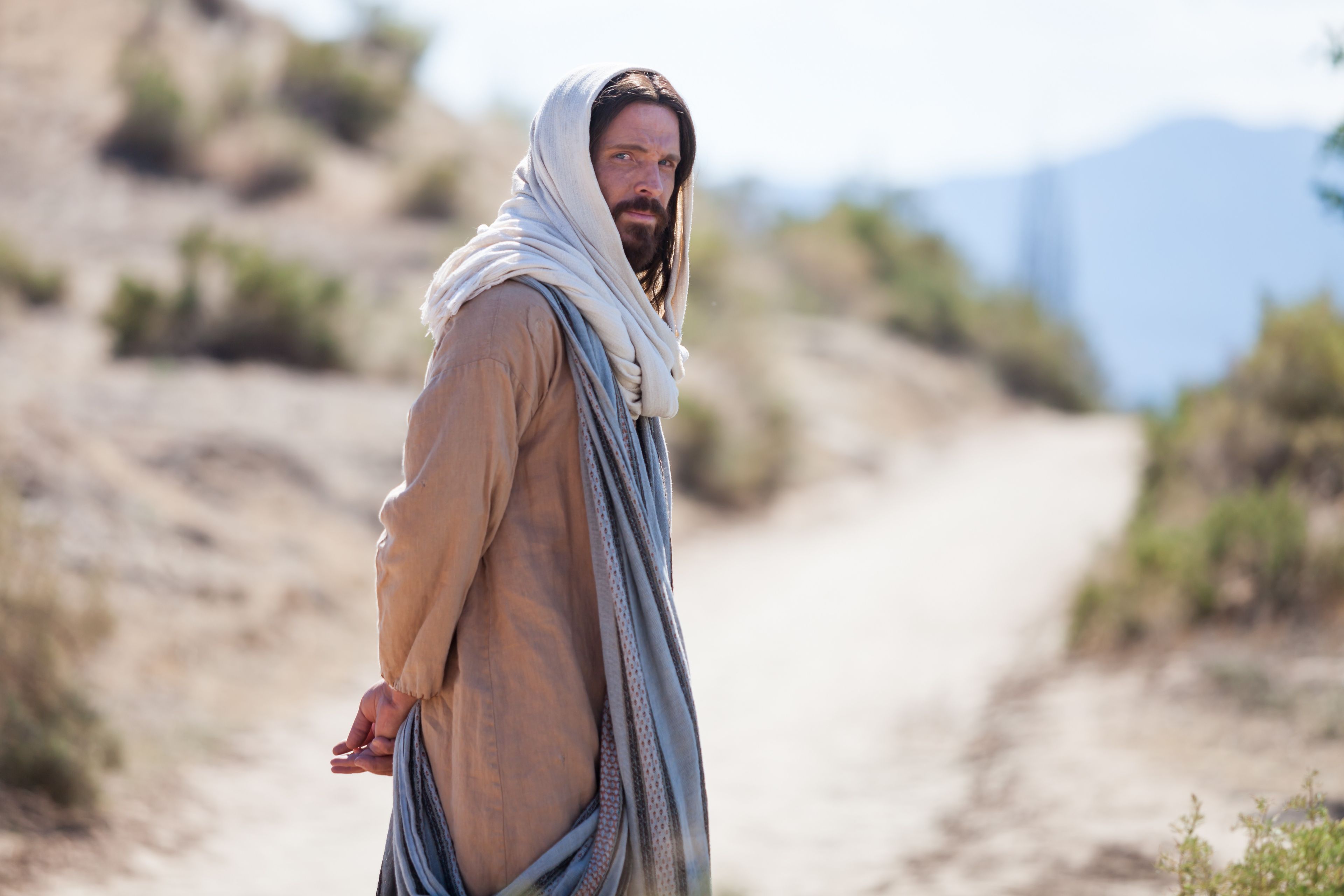 Portrait of Christ facing away, looking back over His shoulder.