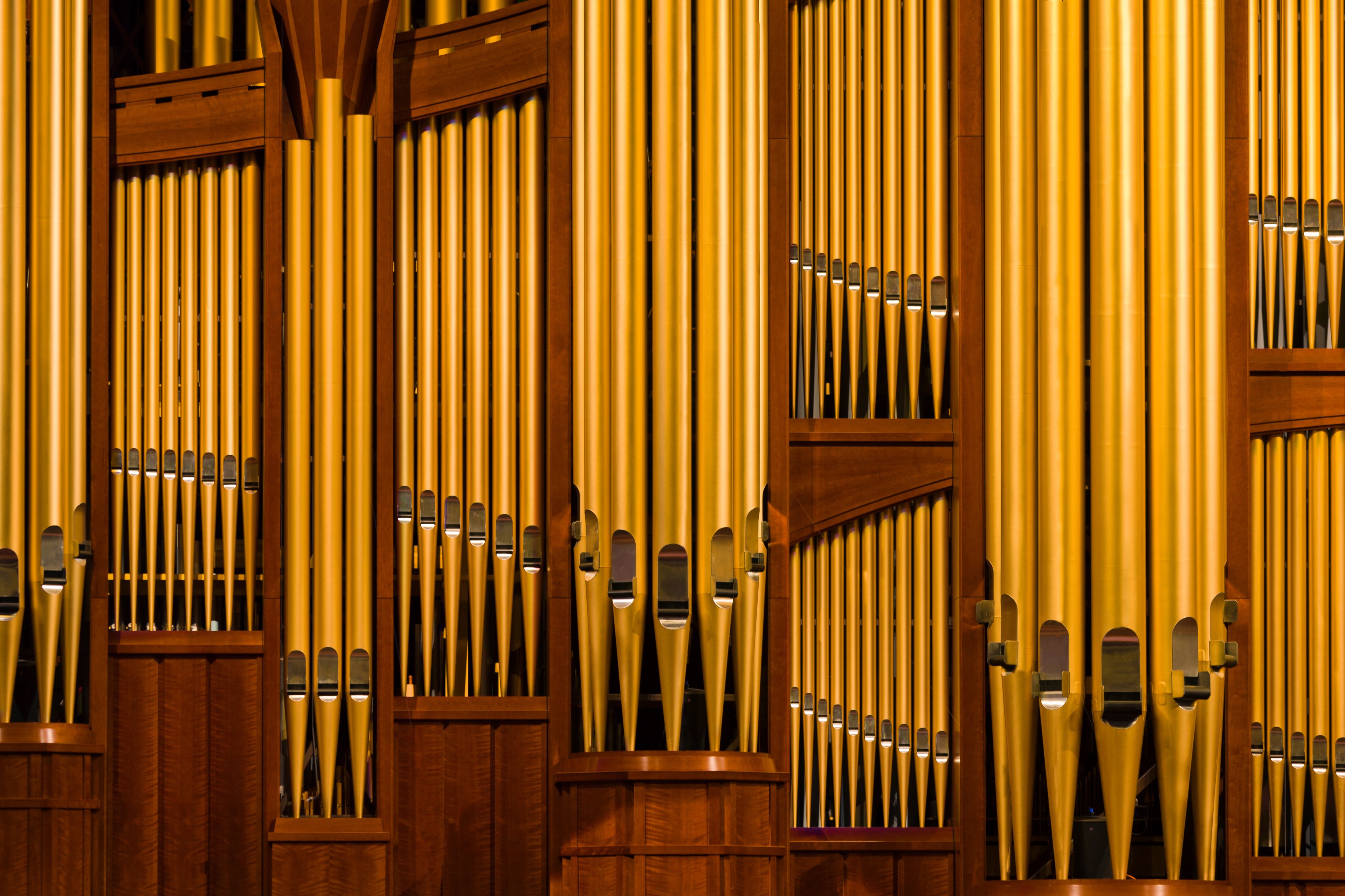 Tall organ pipes inside the Conference Center.
