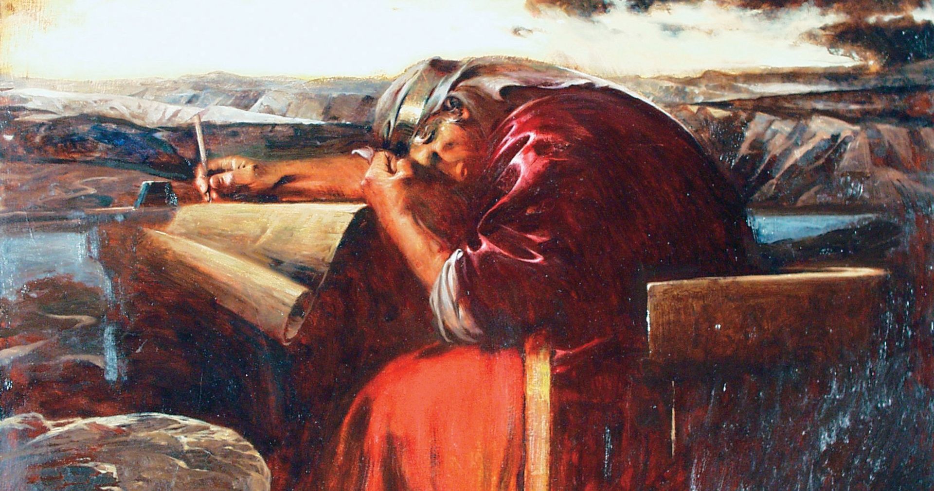 An oil painting depicting David, dressed in royal colors and headdress, sitting in a chair writing, head bowed as if in prayer and contemplation.