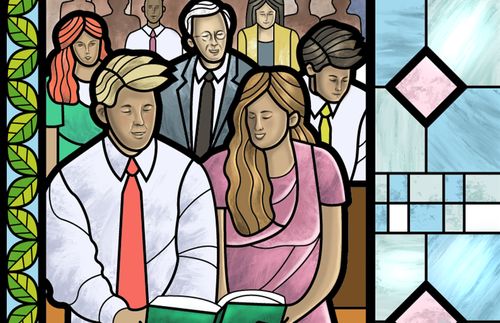 stained-glass image of people singing in church