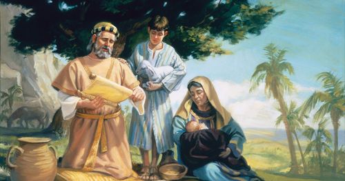 Enosh som ung dreng sammen med sin far, Jakob, og mor