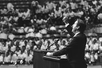 Jeffrey R. Holland speaks at the freshman welcome back assembly on August 29, 1980 on the Brigham Young University campus, while serving as the president of the university.