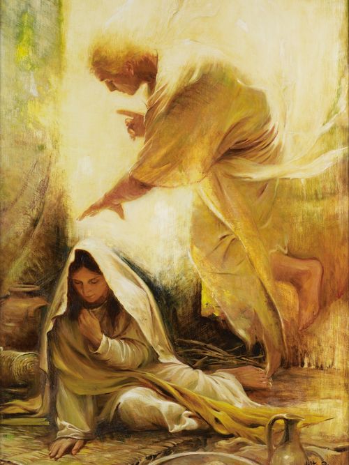 Female figure (Mary) seated with Angel above her.  Mary is seated in left foreground.  She is leaning to one side and looking down.  She wears a white ankle length garment with a yellow robe around her.  She has a white head scarf loosley covering her brown hair, she is not wearing shoes.  She has one hand near her face and the other on the ground supporting her.  She is seated on a series of floor mats, one straw the other colorful fabric.  Behind her is a wicker basket with a lid and handles, also a large ceramic pot.  In front of ther are a shallow bowl, a small narrow necked pitcher and a wooden spoon.  Above her is an angel, his feet not touching the ground.  He is bathed in a yellow light that make it difficult to see his features.  He wears a long tunic robe, with a sash at the waist.  He has one hand palm above Mary's head.  The other hand is drawn close to his mouth, the index figure extended.  He has a downward gaze.  Lower right corner has " Walter Rame 03".  Reverse side reads, " Walter Rane Blessart Thou Among Women.... Sept. 03", in blue ink.