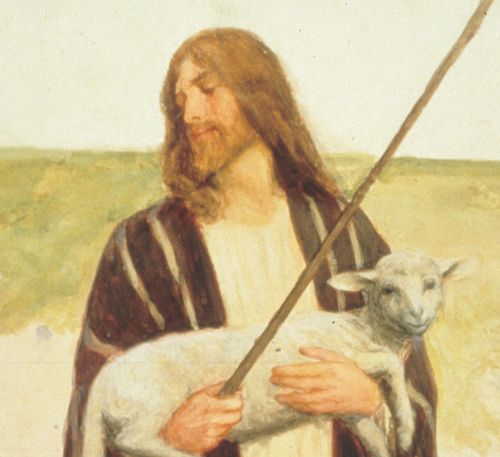 Jesus Christus hält ein Schaf auf dem Arm