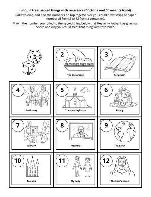 Line art illustration depicts activities worthy of the Sabbath that are listed in boxes on the sheet with dice to roll.