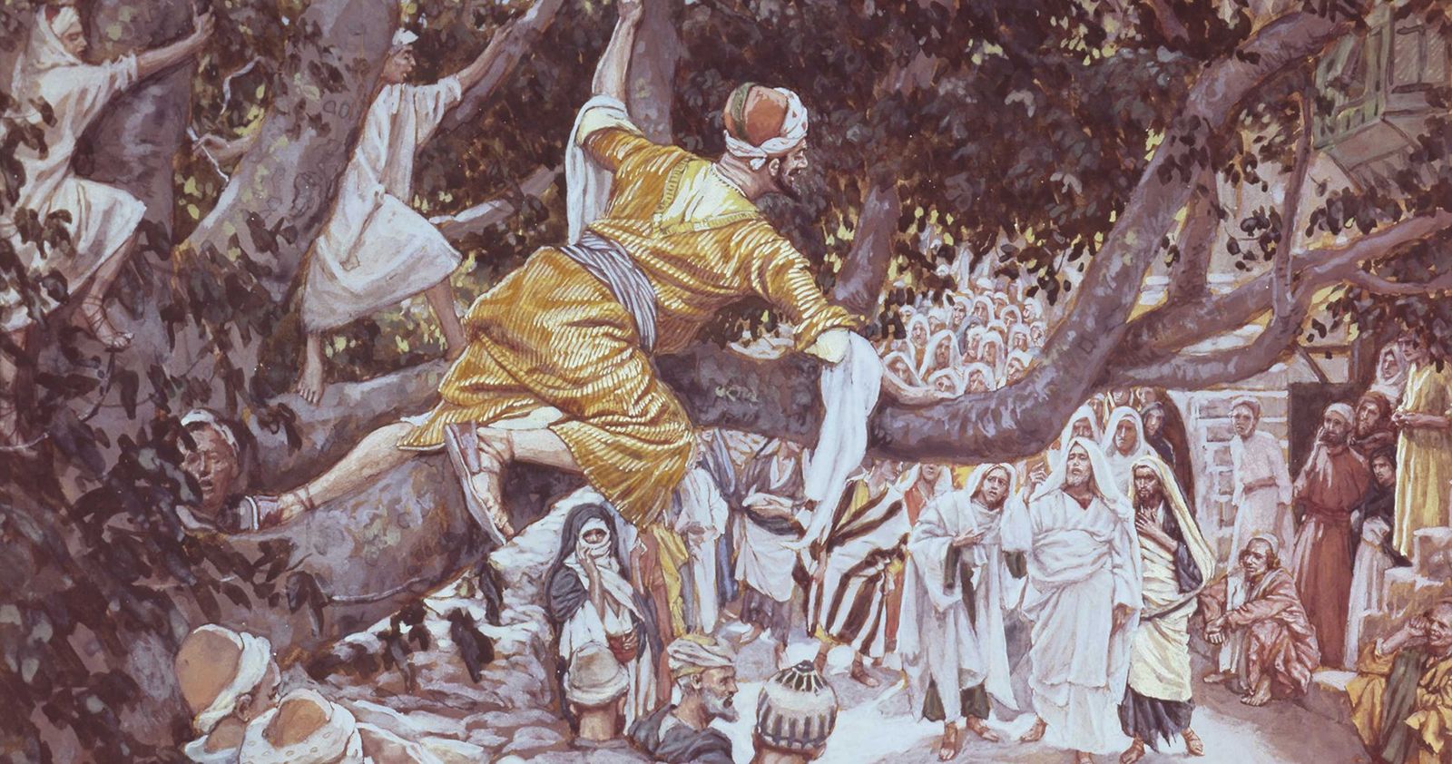 Jesus Christ, thronged by a crowd of people, walking  through the streets of Jericho.  Christ is looking  up into a sycamore tree at Zacchaeus, the publican. Christ is beckoning to Zacchaeus.  Other people are also in the tree.   The painting illustrates the event wherein Zacchaeus, because he was short in physical stature, climbed a sycamore tree in order to see Christ in the midst of a large crowd.  Christ noticed Zacchaeus and chose  to spend the day with him, despite the cricitism of  the crowd that Zacchaeus was the chief of the publicans in Jericho.   (Luke 19:1-10)
